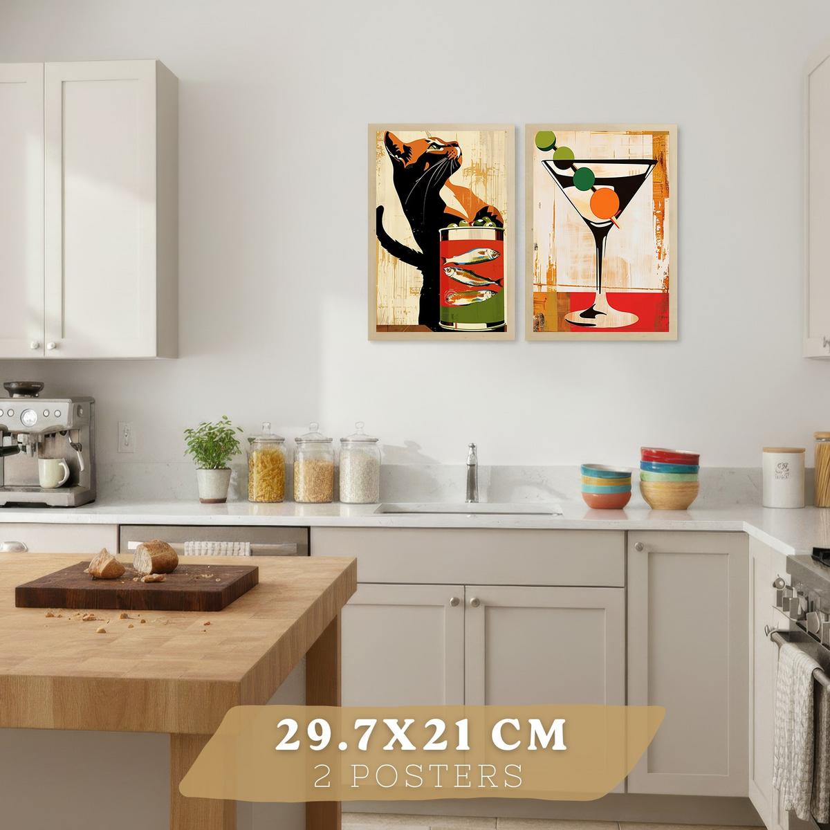 POSTER 4er Set Küchen-Wandbilder Vintage Katze Sardinen Martini Wein und Pasta Retro Esszimmer Bar Deko Leichter Holzrahmen A4 - Beige, Papier (29.7/1/21cm) - Nacnic