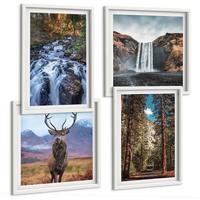 BILDER SET 4er Set - 50x50 cm & 40x60 cm Weißer Rahmen - Wasserfall Wald Berge Hirsch Natur - Weiß, Kunststoff (50/50cm) - TULUP