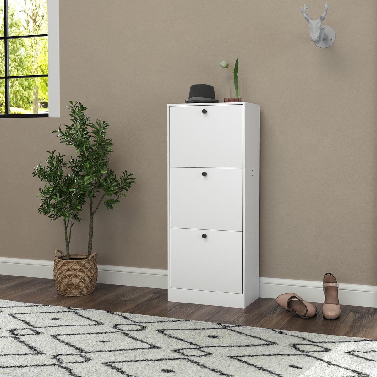 SCHUHSCHRANK mit 3 Klappen, 47 x 28 x 115 cm, Weiß - Weiß, Holzwerkstoff (28/115/47cm) - HOMCOM