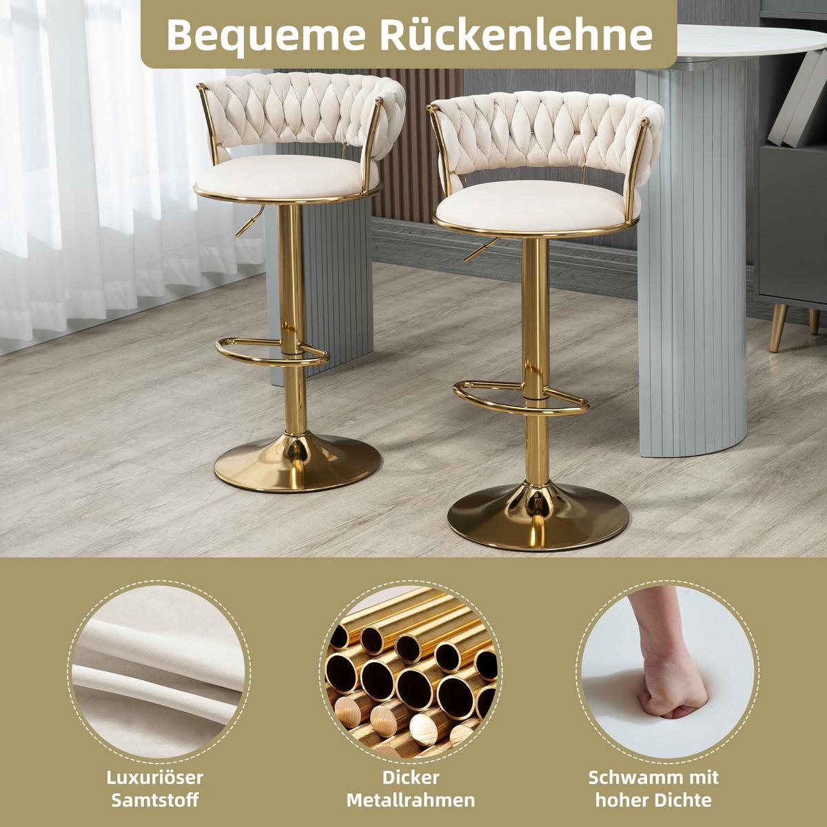 BARHOCKER samt höhenverstellbar 2er set goldfuß - Creme, Textil (54/78/46cm) - Urban Meuble