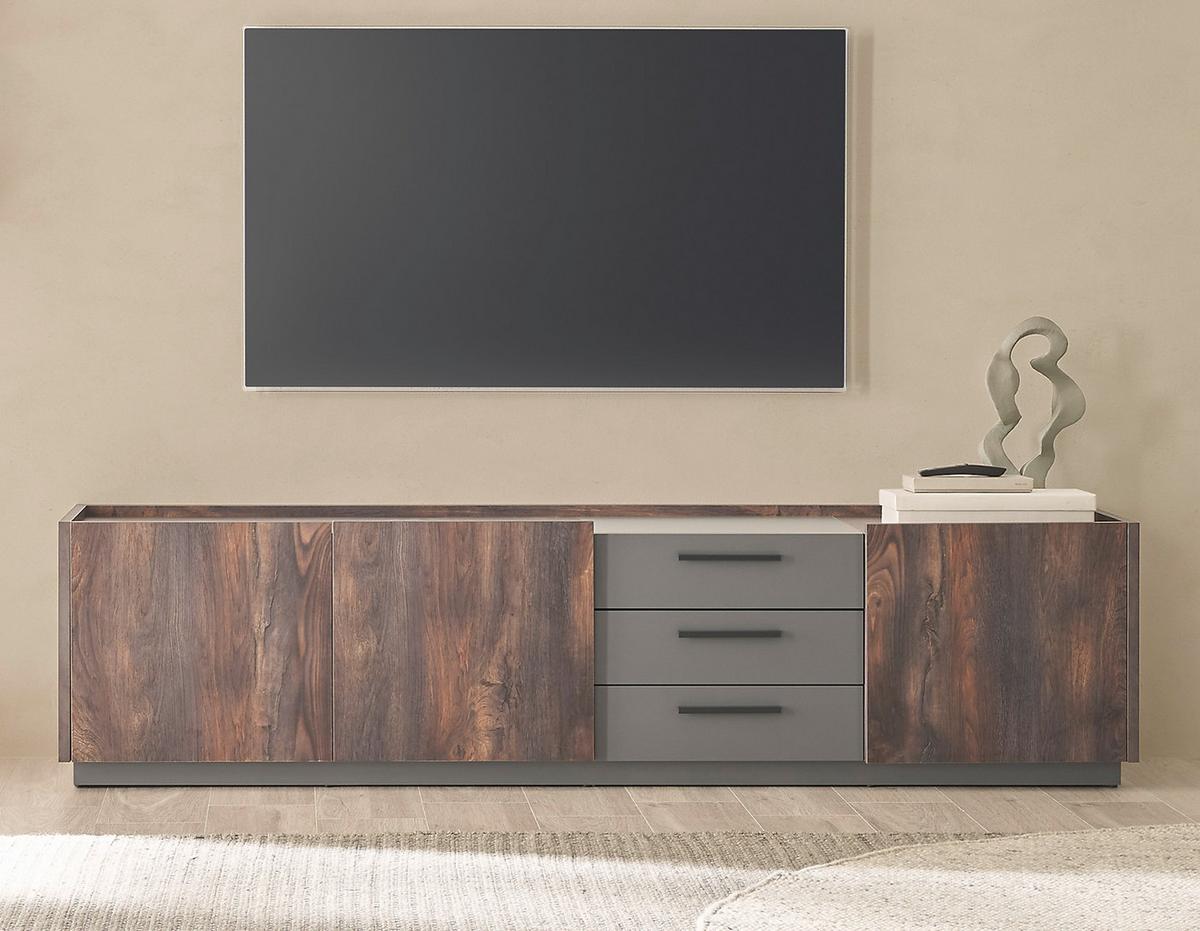 TV-LOWBOARD Thermo Eiche, grau, XL TV Unterteil mit Soft-Close 200 cm - Eichefarben/Schwarz, Holzwerkstoff/Kunststoff (200/50/45cm) - Furn.Design