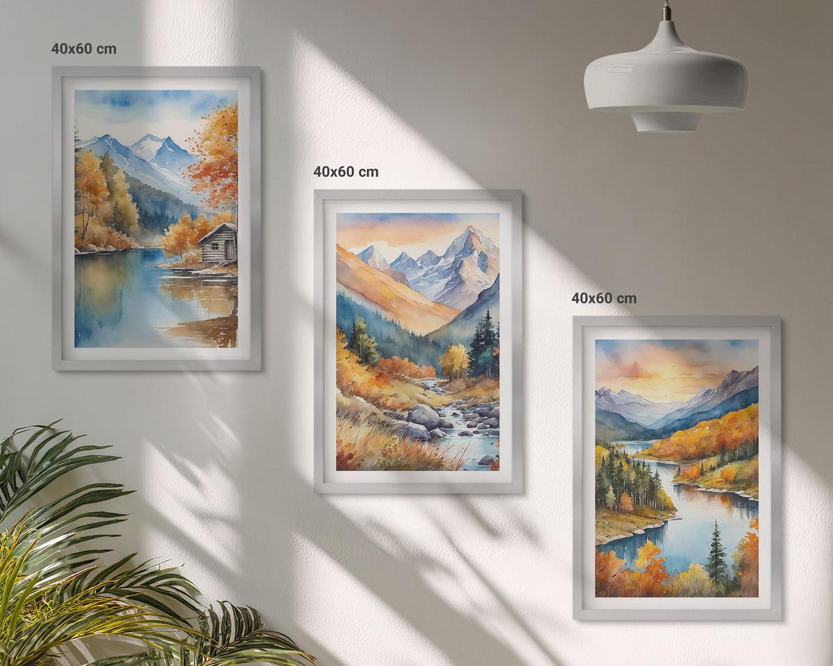 BILDER SET 3er Set - 40x60 cm Silberner Rahmen - Berglandschaft, Fluss, Herbst - Silberfarben, Kunststoff (40/60cm) - TULUP