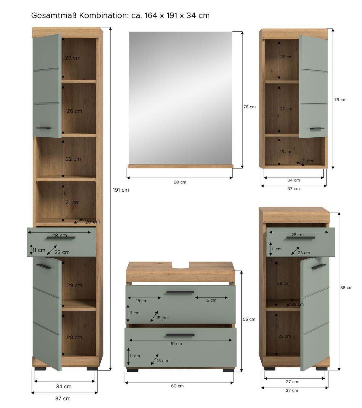BADMÖBEL-SET Salbei grün, Eiche Artisan 5-teilig 164 cm, Komplettset mit viel Stauraum - Salbeigrün/Schwarz, Glas/Holzwerkstoff (164/191/37cm) - Inn.Furn