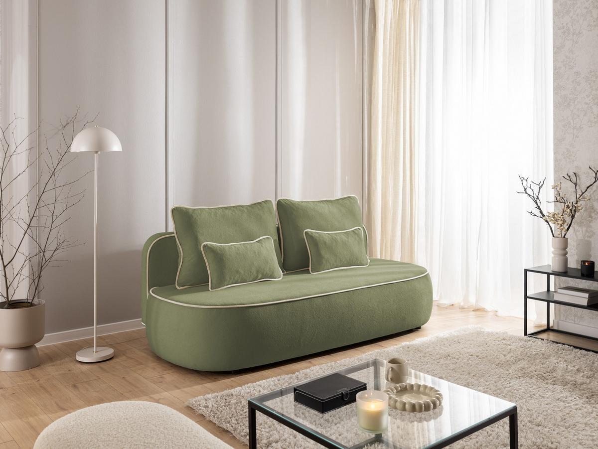 KINDERSOFA Vero im modernen und abgerundeten Design mit Schlaffunktion und Bettkasten aus Olivgrün Plüschstoff mit beiger Paspel - Schwarz/Olivgrün, Holz/Kunststoff (210/90/98cm) - S-Style Möbel