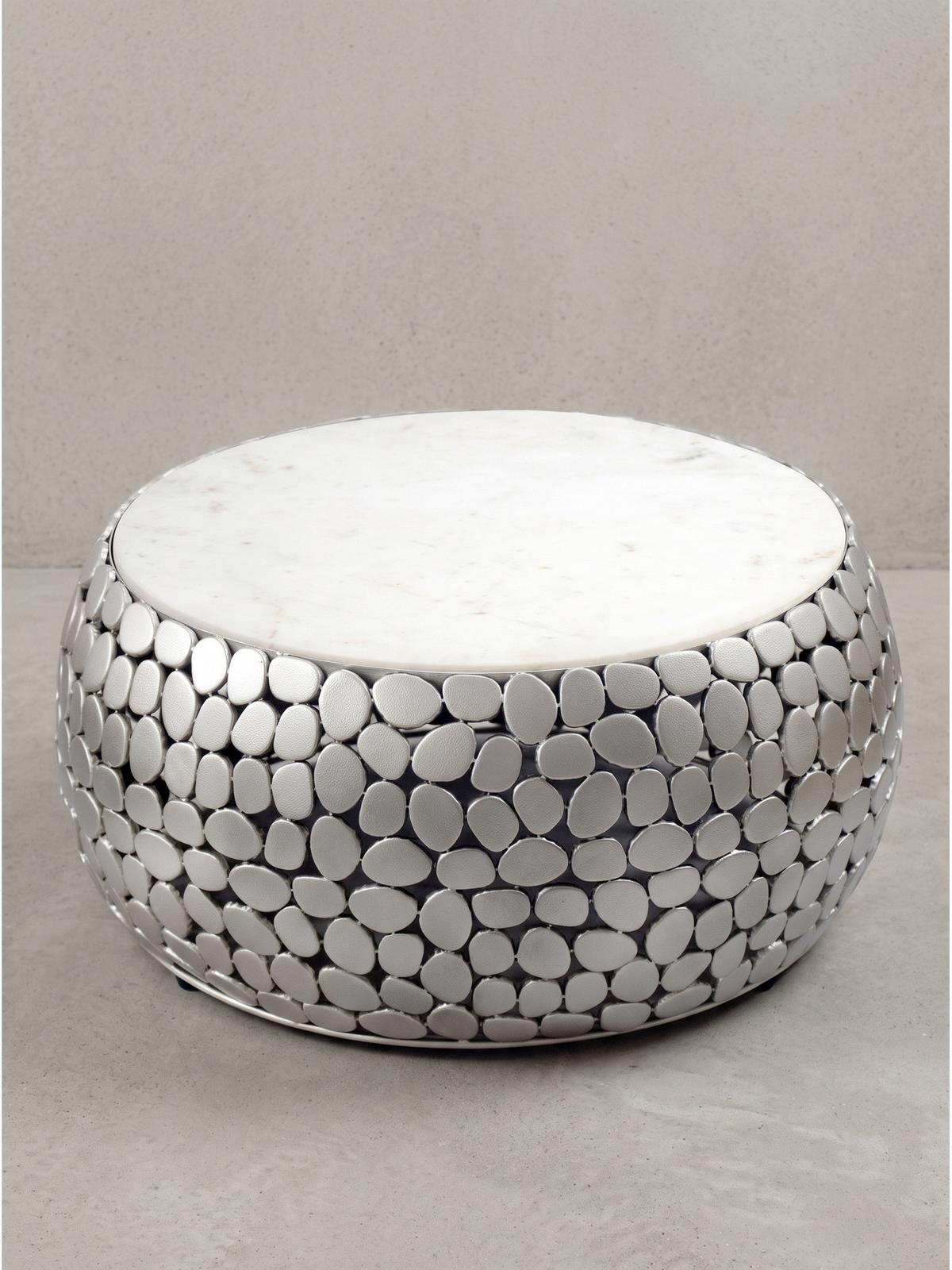COUCHTISCH DIEMEL, Marmor, handgefertigt, Silber-Weiß, Ø 66 x 32 cm - Silberfarben, Stein/Metall (66/66/32cm) - KADIMA DESIGN