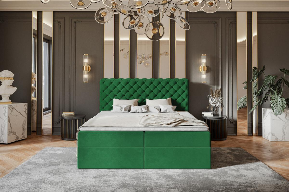 BOXBETT MIAMI mit 2 Bettkästen, 140x200, Farbe: Grün, Velourstoff, Doppelbett mit Bonell-Matratze - Grün, Holz/Kunststoff (140/200cm) - Alpi-Möbel