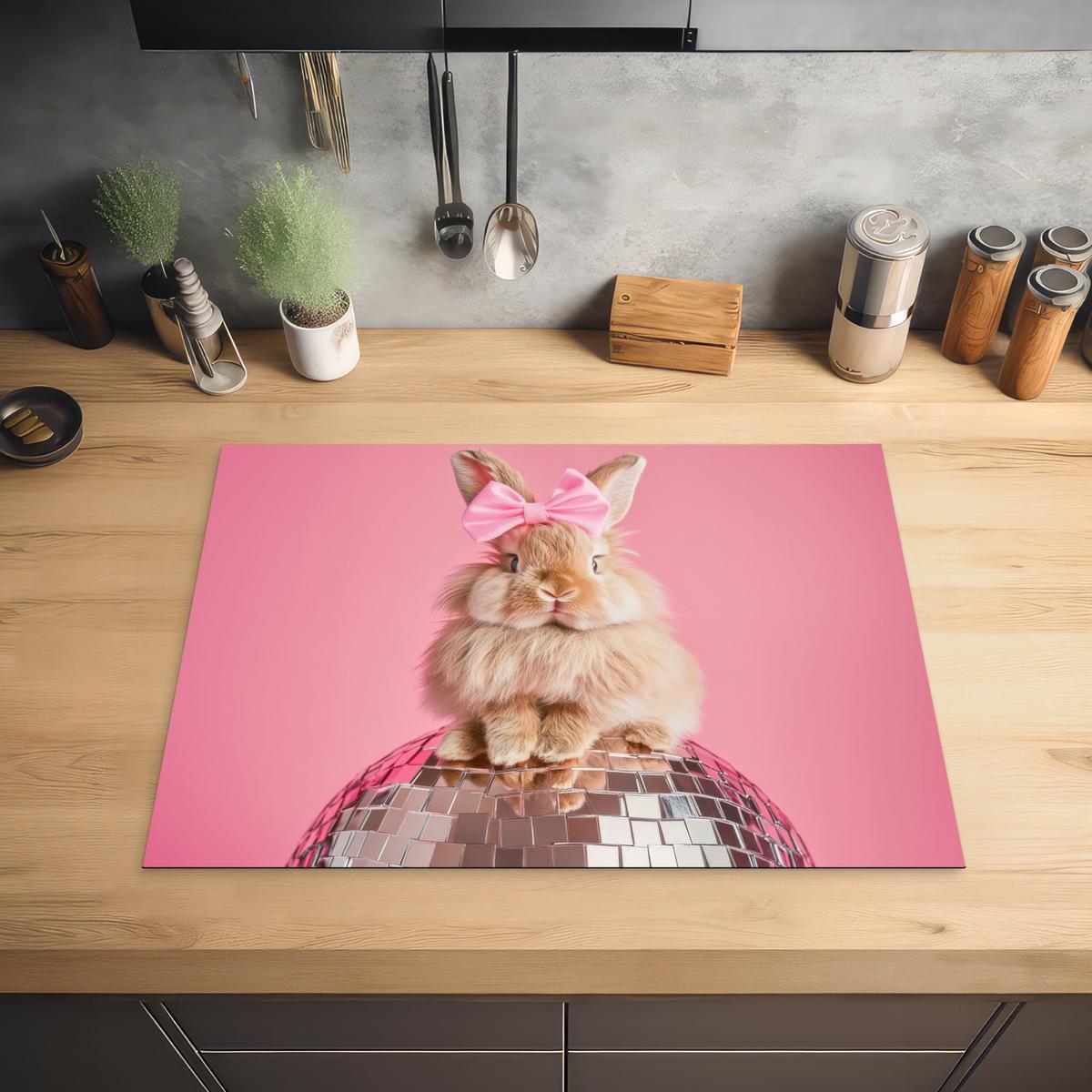 HERDABDECKPLATTE Schleife - Discoball - Kaninchen Herdabdeckung Induktionsfeld 70x52 cm - Pink, Kunststoff (70/52/0.2cm) - MuchoWow