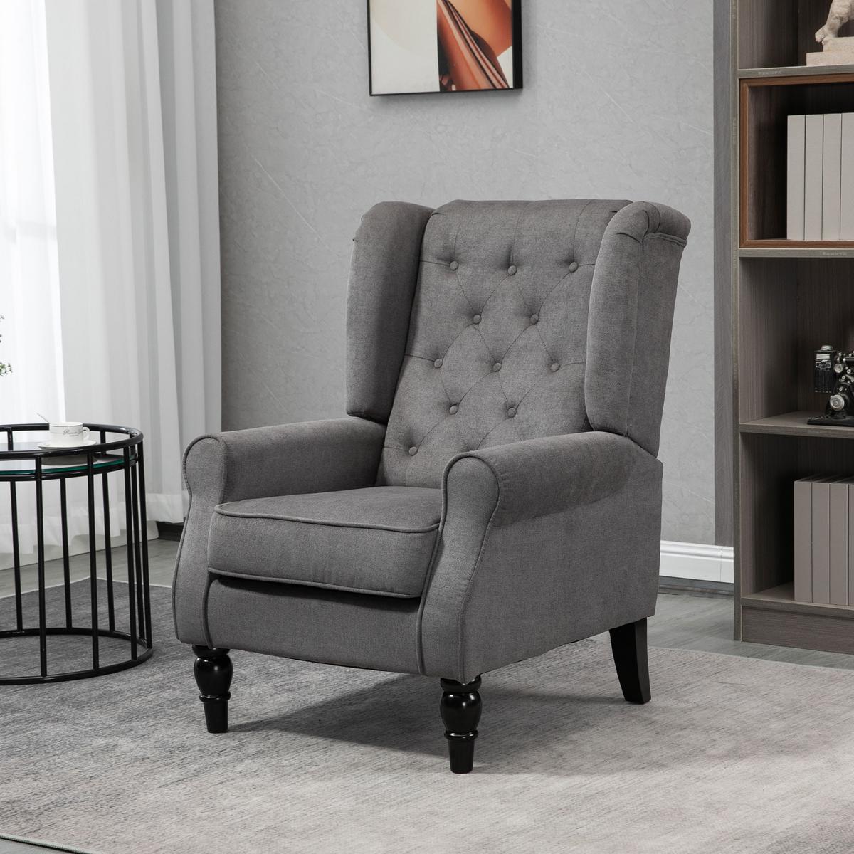 EINZELSESSEL mit Tufting Relaxsessel Einzelstuhl Holzfüße Polyester Dunkelgrau - Dunkelgrau/Schwarz, Holz/Textil (86/102/74cm) - HOMCOM