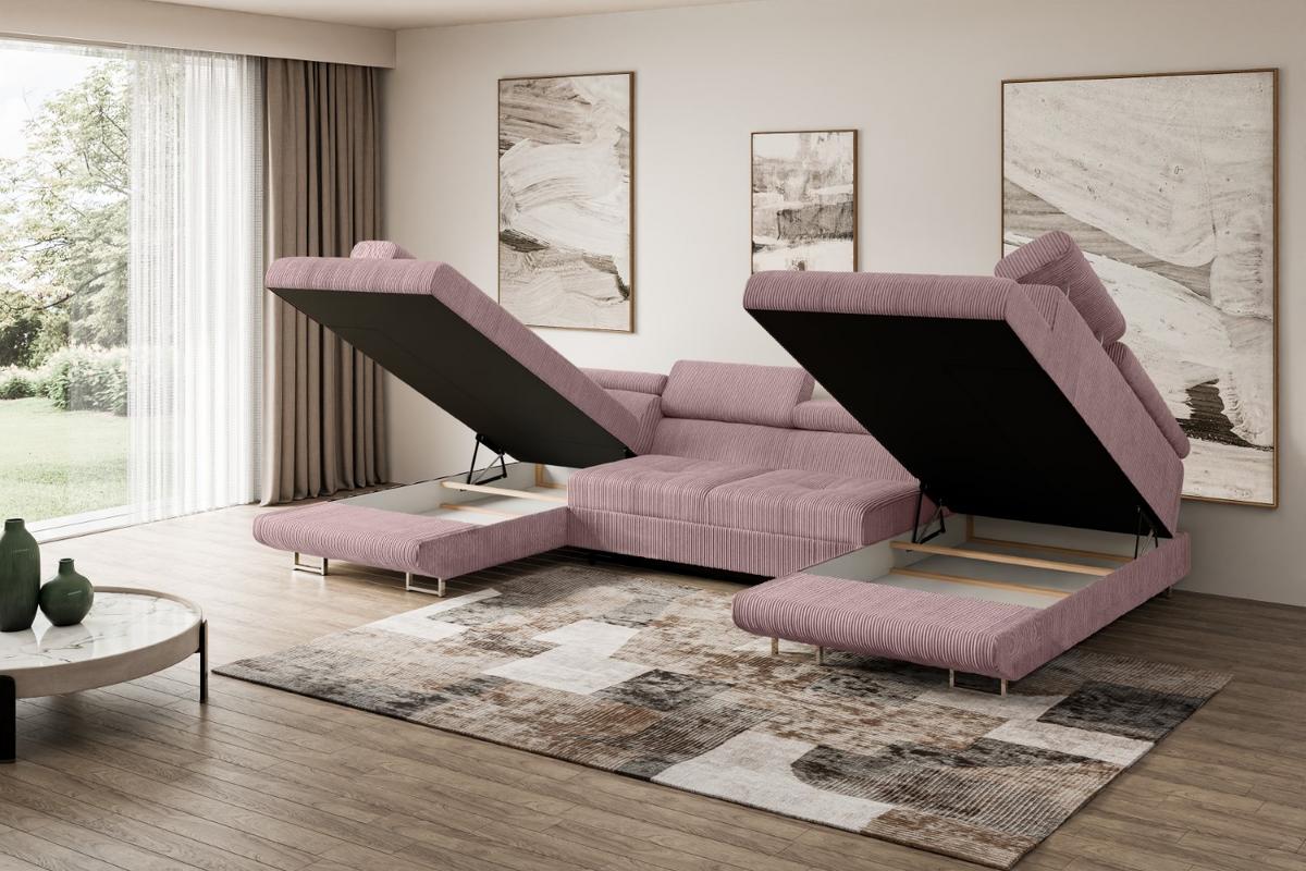 WOHNLANDSCHAFT mit Schlaffunktion und Bettkasten GUSA-U 342x202x107 cm Rosa Cord - Silberfarben/Rosa, Holzwerkstoff/Textil (342/107/202cm) - ALTDECOR