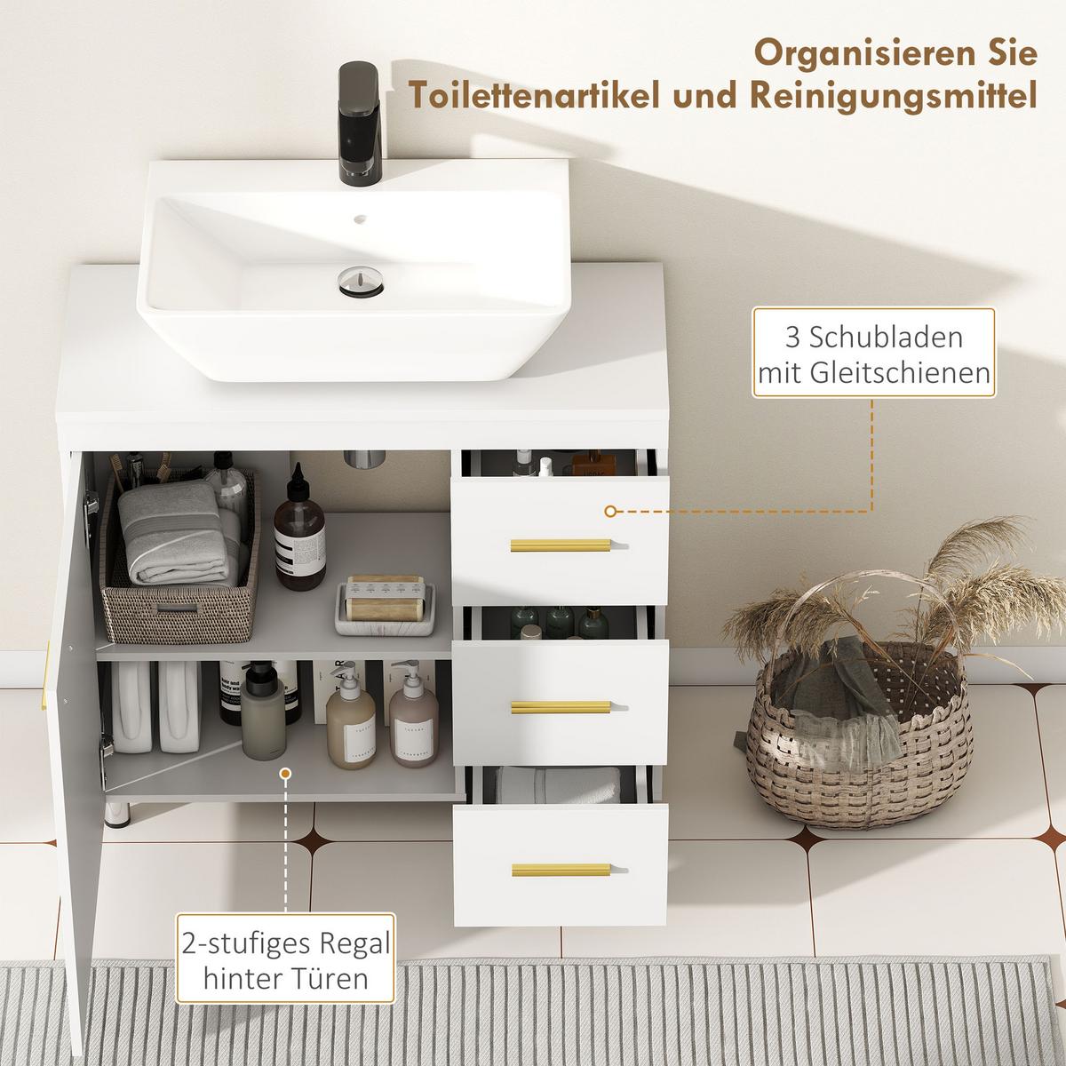 WASCHBECKENUNTERSCHRANK mit Schrankfach, 3 Schublade Weiß - Weiß, Holzwerkstoff (70/65/30cm) - HOMCOM