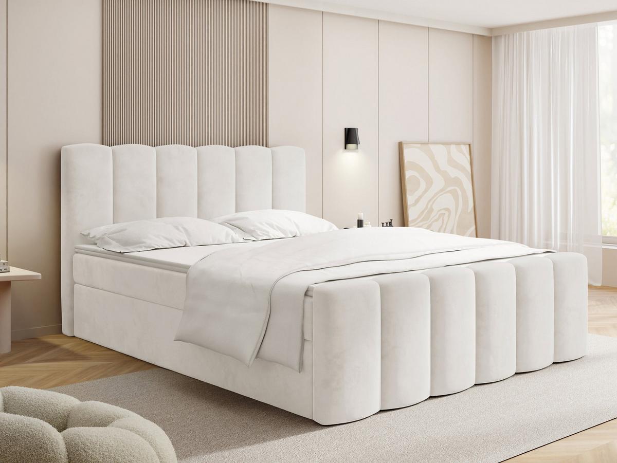 BOXBETT Serenity mit Bettkasten, Samt Creme 140x200 cm – inkl. H4 Taschenfederkern Matratze & Foam Topper - Beige/Creme, Holz/Holzwerkstoff (140/200cm) - WFL GROUP