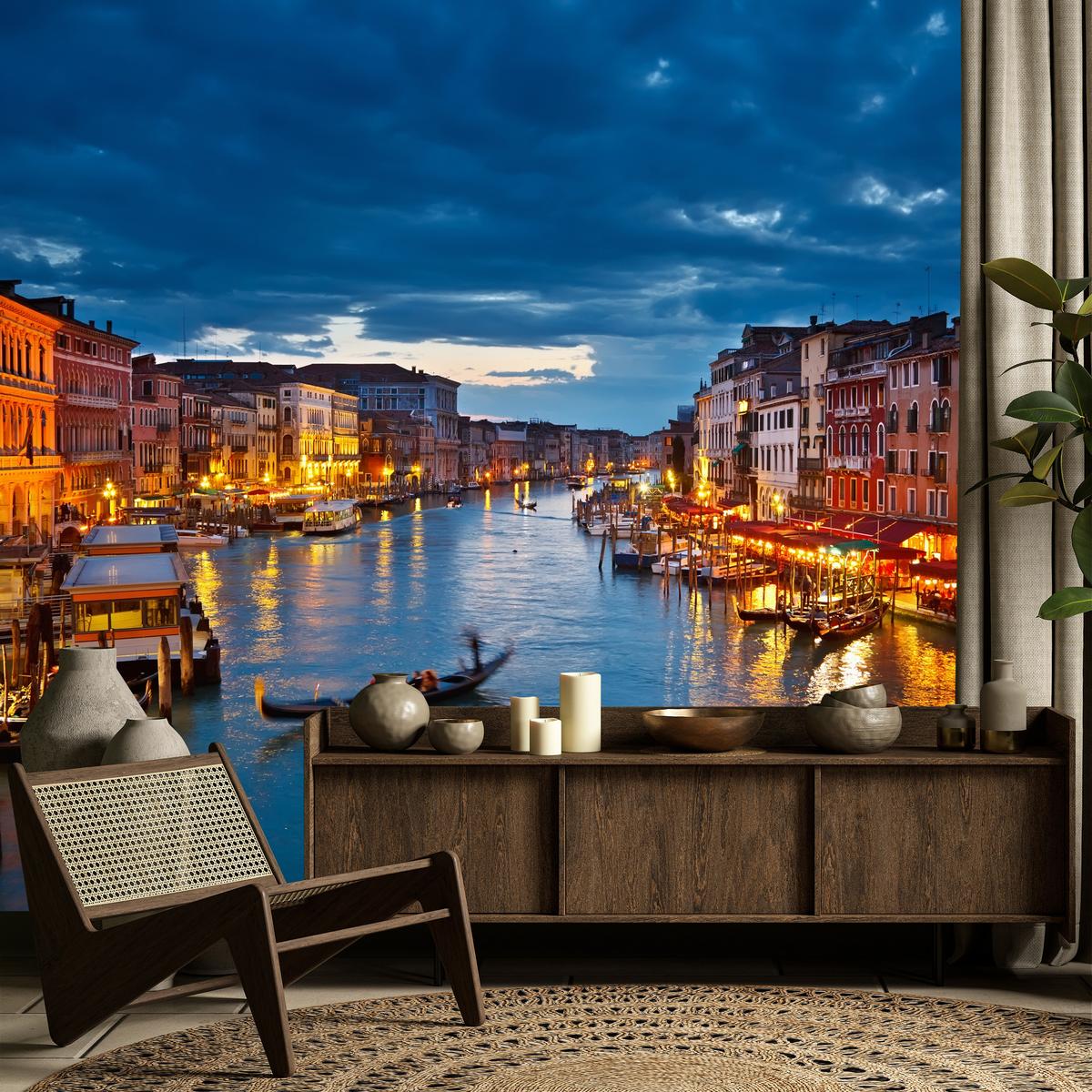 FOTOTAPETE für Büro Venezianischer Kanal Gondeln Abendstimmung Romantik 400x280 - Orange/Braun, Papier (400/280cm) - Muralo