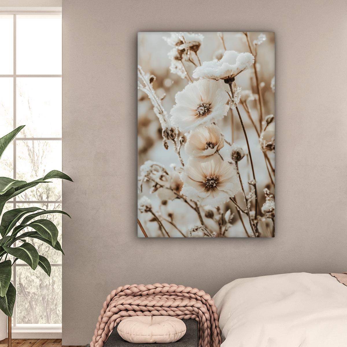 LEINWANDBILD Blumen - Winter - Weiß - Schnee - Beige Deko XXL 80x120 cm - Creme, Textil (80/120cm) - MuchoWow