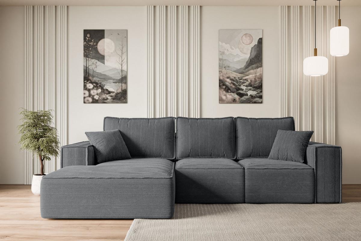 ECKSOFA mit Schlaffunktion und Bettkasten SERRA-L-S - 266x161x87 cm Duneklgrau Cord - Dunkelgrau/Schwarz, Holzwerkstoff/Kunststoff (266/161cm) - ALTDECOR