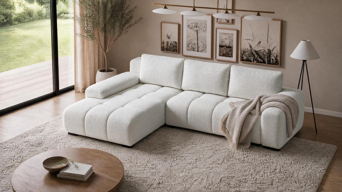 ECKSOFA Ovia mit Bettkasten und Schlaffunktion, Bouclé-Stoff in L-Form - Weiß, Textil (270/185cm)