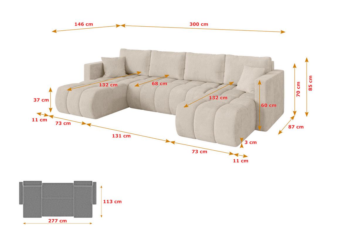 WOHNLANDSCHAFT mit Schlaffunktion und Bettkasten GARD-U 300x146x85 Beige Cord - Beige/Schwarz, Holzwerkstoff/Kunststoff (300/85/146cm) - ALTDECOR