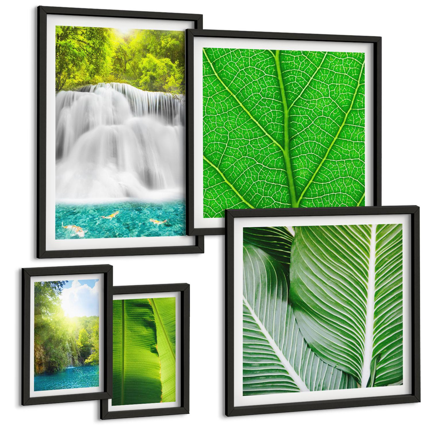 BILDER SET 5er Set - 50x50 cm & 20x30 cm & 40x60 cm Schwarzer Rahmen - Nahaufnahme von tropischen Blättern - Schwarz, Kunststoff (40/60cm) - TULUP