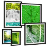 BILDER SET 5er Set - 50x50 cm & 20x30 cm & 40x60 cm Schwarzer Rahmen - Nahaufnahme von tropischen Blättern - Schwarz, Kunststoff (40/60cm) - TULUP