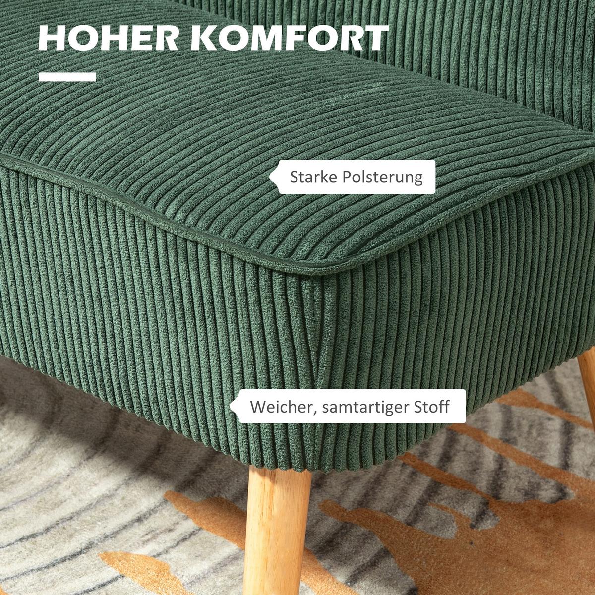 2 Sitzer Sofa, Gepolsterte Couch mit Kordoptik, Holzbeine für Wohnzimmer, Grün - Waldgrün/Naturfarben, Holz/Textil (56.5/77/117cm) - HOMCOM