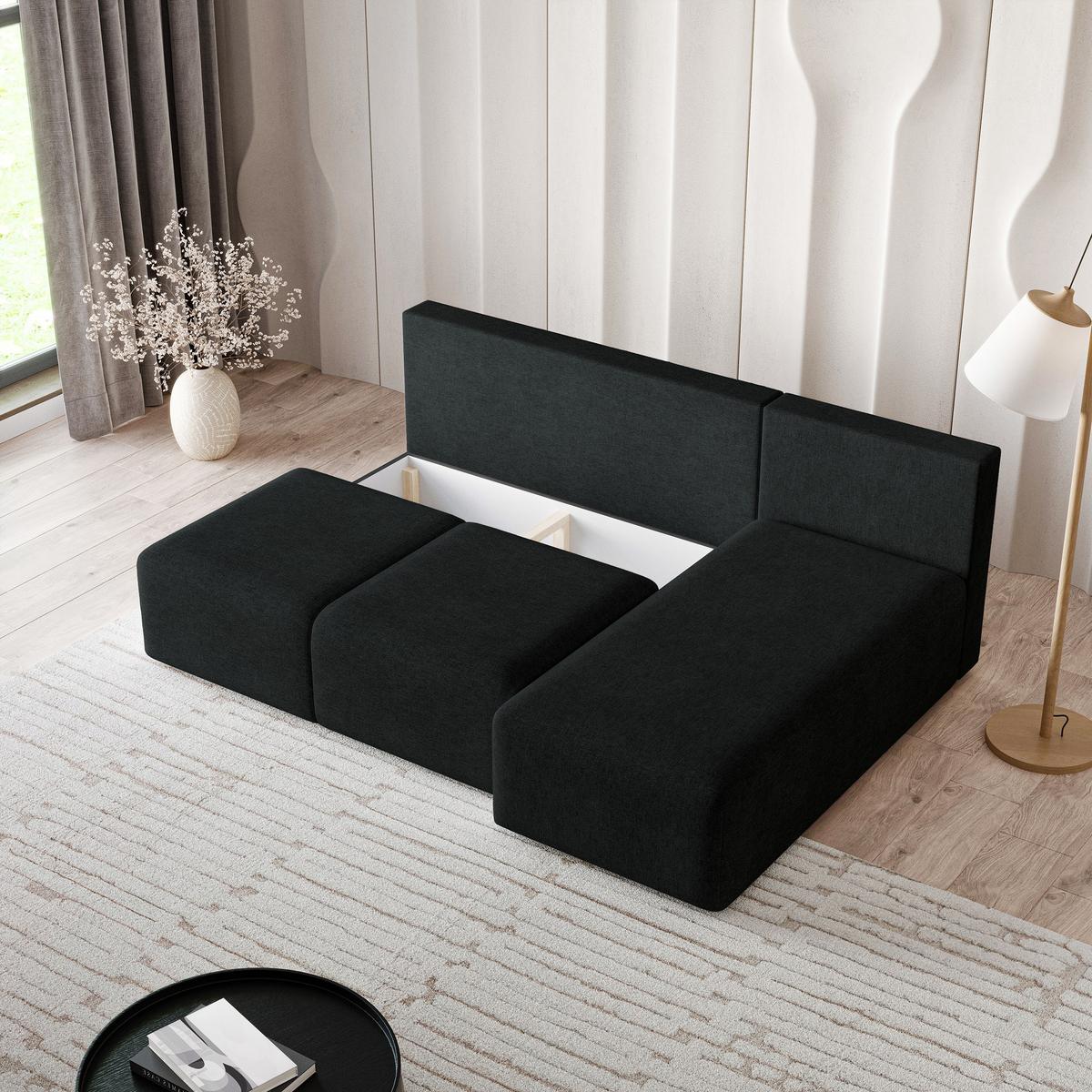 ECKSOFA TRAMA Schwarz Geflochtener Stoff mit Schlaffunktion - Schwarz, Holz (200/143cm) - MASSENO