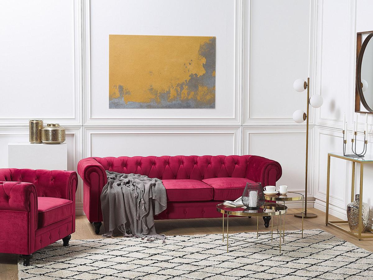 SOFA-SET 4-sitzer Samtstoff Rot Chesterfield - Rot, Textil (201/70/75cm) - Beliani