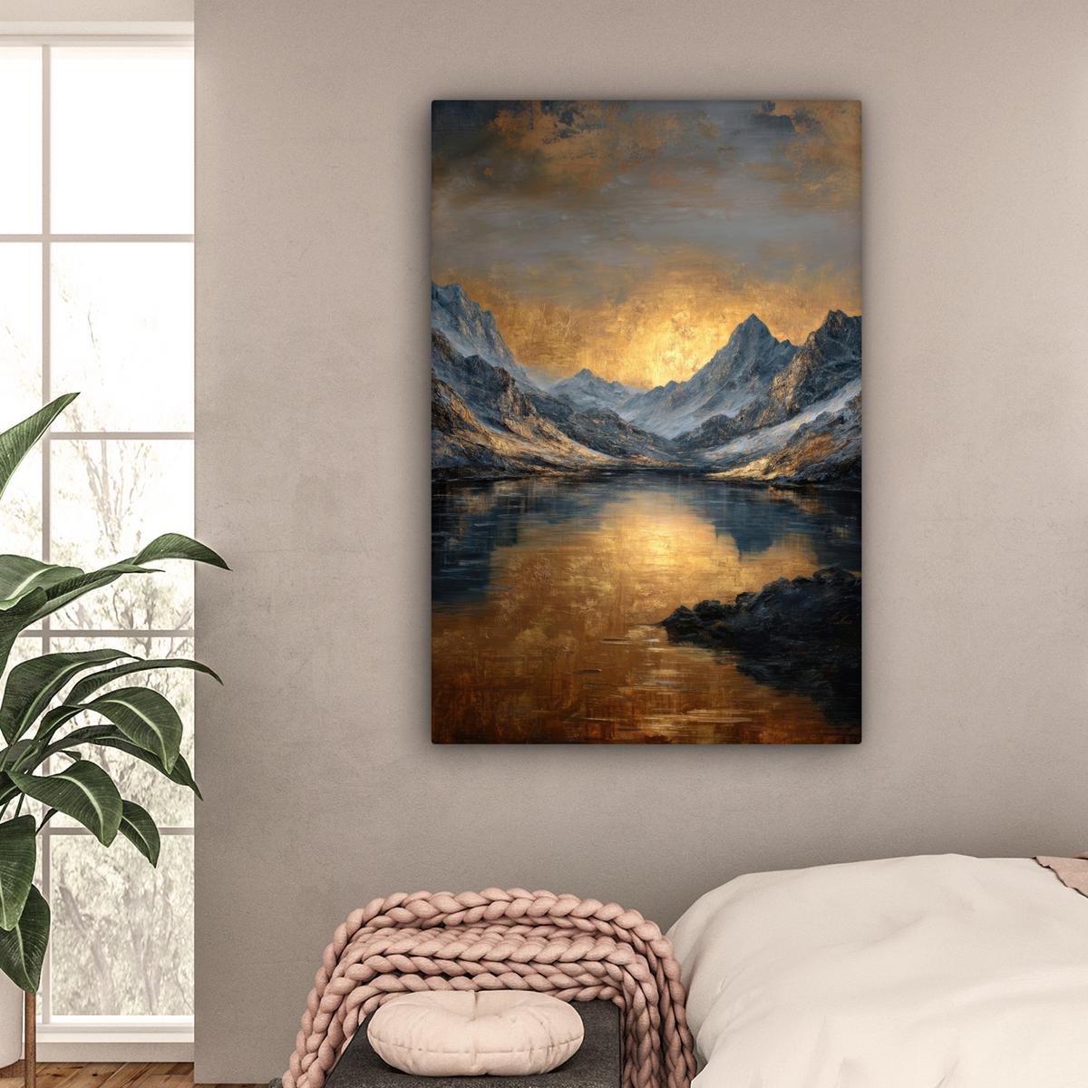LEINWANDBILD Bergkulisse mit goldenem Sonnenuntergang Deko Groß 90x140 cm - Goldfarben, Textil (90/140cm) - MuchoWow