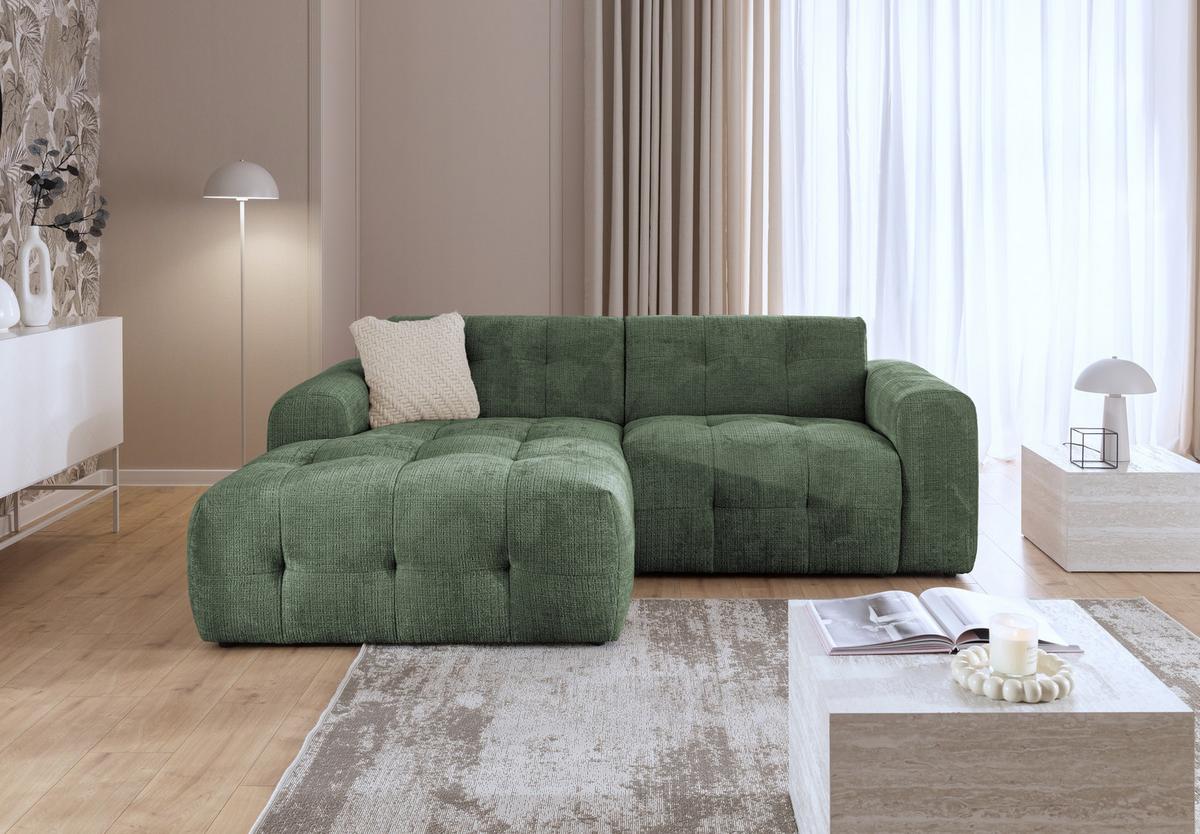 ECKSOFA mit Ottomane links, raffinierten Steppungen, Wellenunterfederung, B234/T161/H79 cm, Chenille-Bezug in Grün / 21040 - Schwarz/Grün, Kunststoff/Textil (234/79/161cm) - luma-home