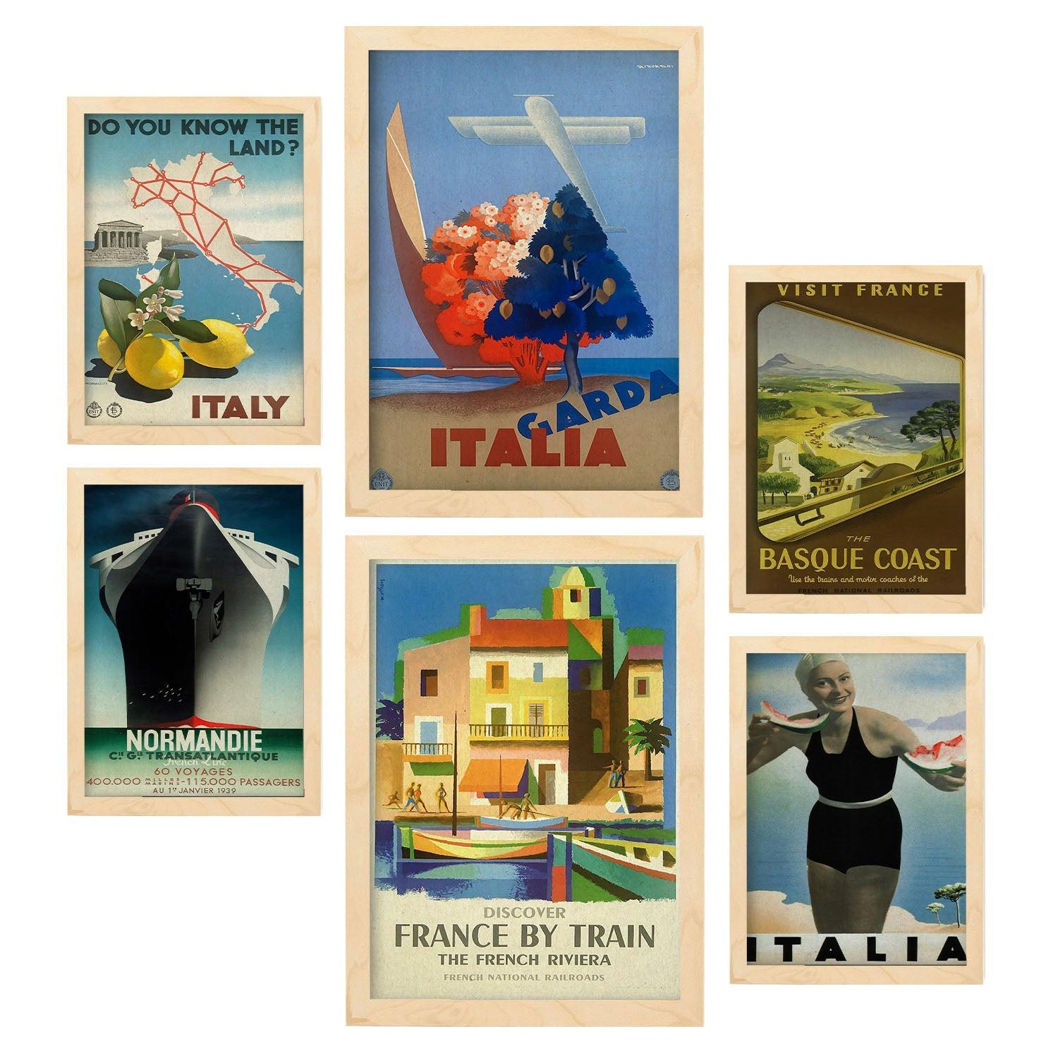 POSTER Set Mit 6 Mittelmeerländer Vollfarbige Illustrationen Von Vintage Tourismus Werbetafeln Aus Der Ganzen Welt A3 & A4 Rahmen Aus Hellem Holz - Beige, Papier (29/3cm) - Nacnic