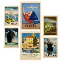 POSTER Set Mit 6 Mittelmeerländer Vollfarbige Illustrationen Von Vintage Tourismus Werbetafeln Aus Der Ganzen Welt A3 & A4 Rahmen Aus Hellem Holz - Beige, Papier (29/3cm) - Nacnic