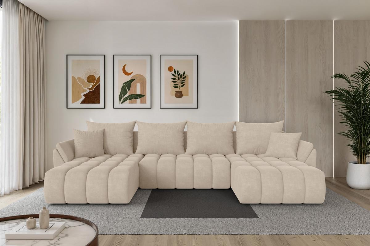 WOHNLANDSCHAFT mit Schlaffunktion und Bettkasten TOKO-U-v1 378x194x86 Beige Velours - Schwarz/Sahara, Holzwerkstoff/Kunststoff (378/86/194cm) - ALTDECOR