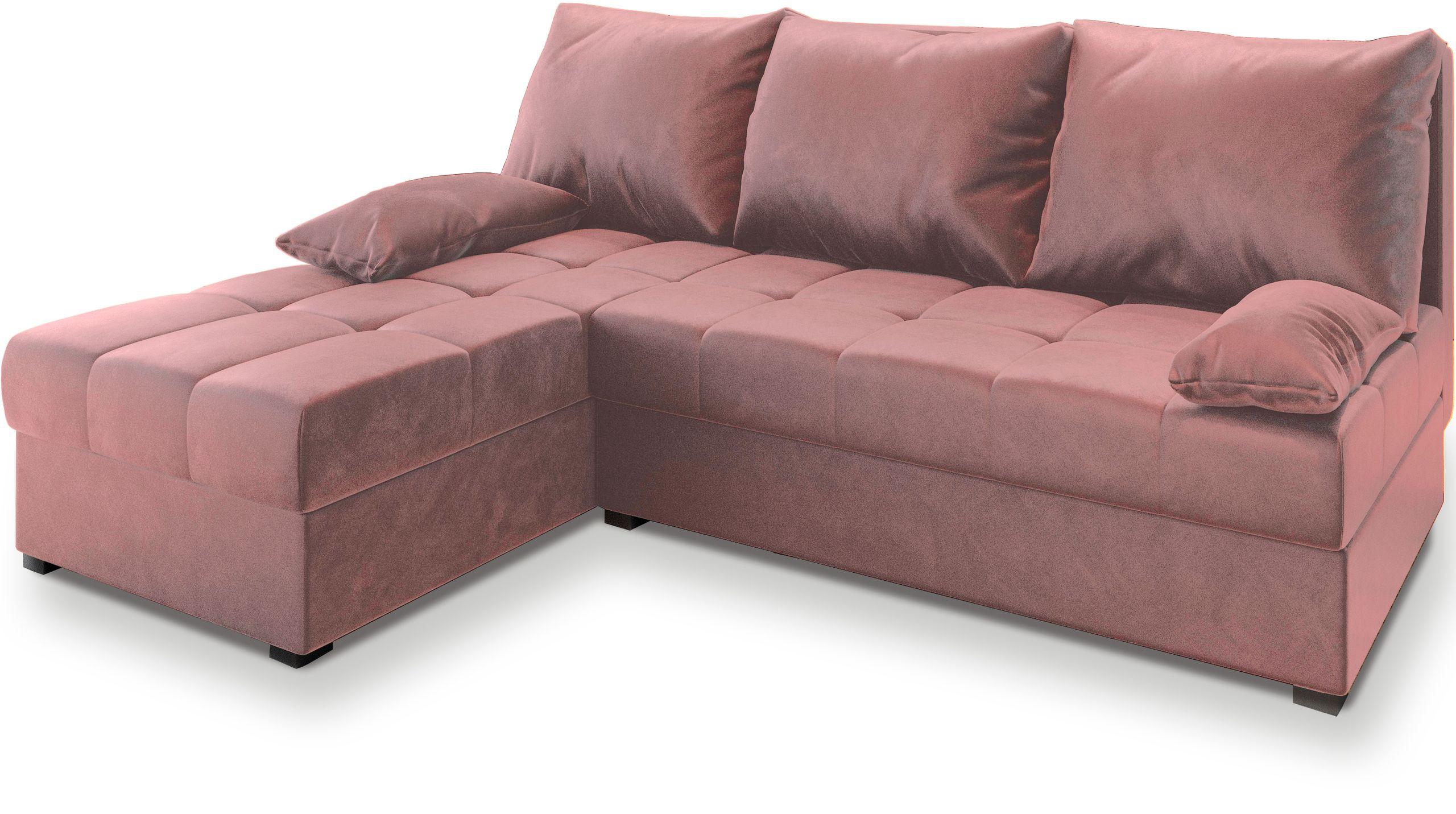 ECKSOFA RITA Rosa Plüsch-Stoff mit Schlaffunktion - Rosa/Grau, Holz/Kunststoff (200/141cm) - MASSENO