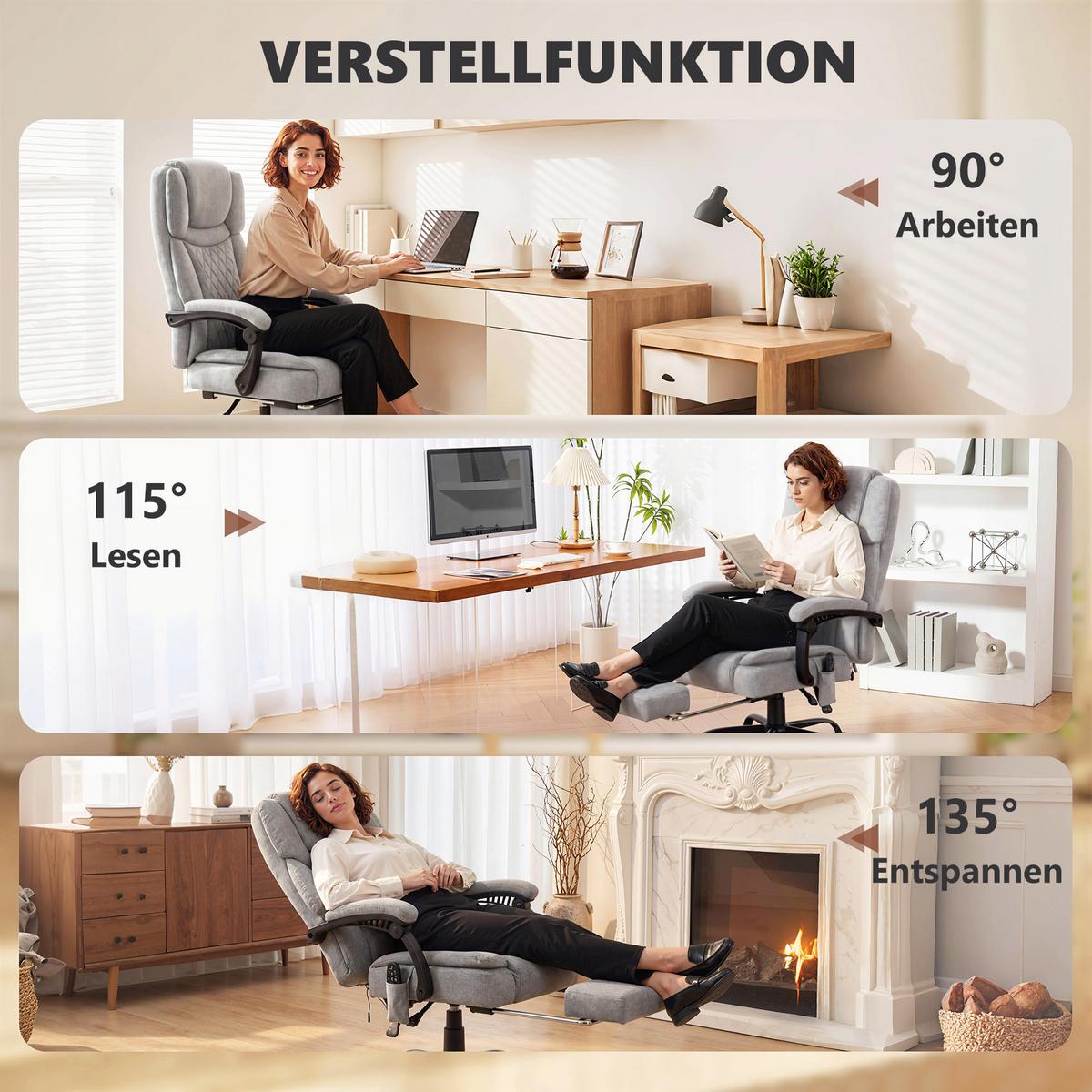BÜROSTUHL-MIT-MASSAGEFUNKTION Polyester Grau - Grau, Textil (69.5/126/77.5cm) - HOMCOM