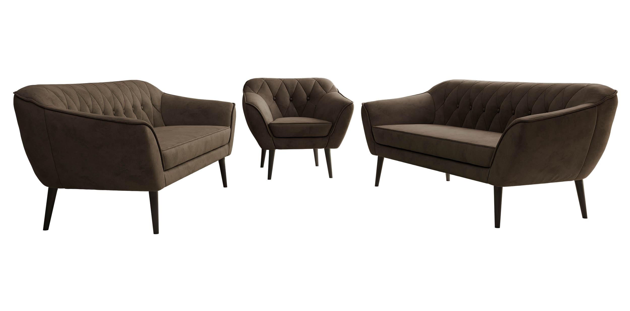 SITZGARNITUR PIRS 3+3+1 - Braun Velvet - Schwarze Beine - Dunkelbraun/Schwarz, Holzwerkstoff/Textil (180/75/74cm) - MKS