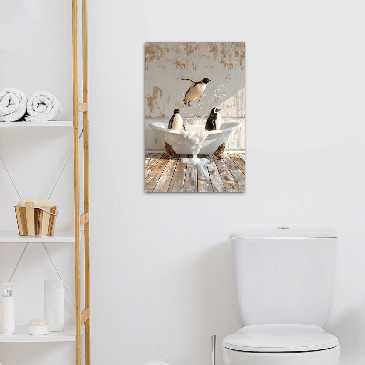 LEINWANDBILD Vintage - Pinguin - Badewanne - Schaumstoff Wanddeko 40x60 cm - Schwarz, Textil (40/60cm) - MuchoWow