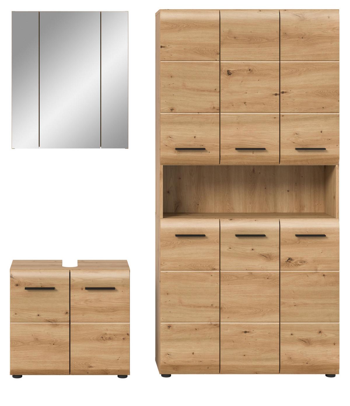 BADMÖBEL-SET in Artisan Eiche, Badezimmer 3-teilig 165 cm mit 6-türigem Hochschrank - Eichefarben/Schwarz, Glas/Holzwerkstoff (165/185/30cm) - Inn.Furn