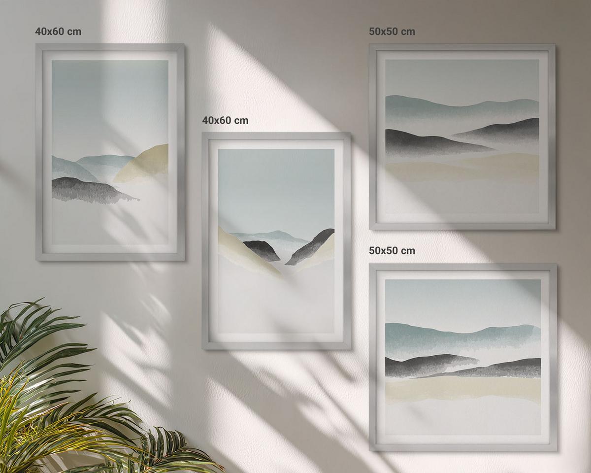 BILDER SET 4er Set - 50x50 cm & 40x60 cm Silberner Rahmen - Berge minimalistische Pastellfarben - Silberfarben, Kunststoff (50/50cm) - TULUP