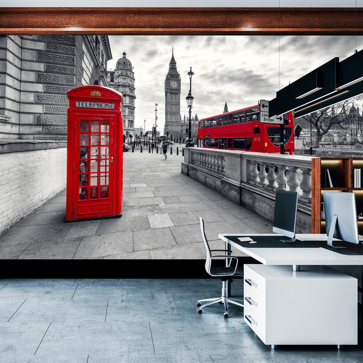 FOTOTAPETE für Wohnzimmer Rote Telefonzelle London Monument BIG BEN Bus 150x105 - Rot/Weiß, Papier (150/105cm) - Muralo