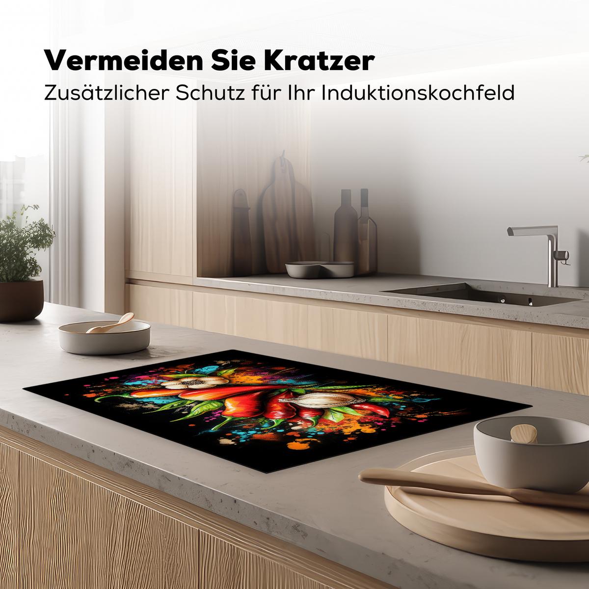 HERDABDECKPLATTE Gemüse - Paprika - Knoblauch - Graffiti - Farbe - Bunt Induktionsschutz 80x52.2 cm - Rot, Kunststoff (80.2/52.2/0.2cm) - MuchoWow
