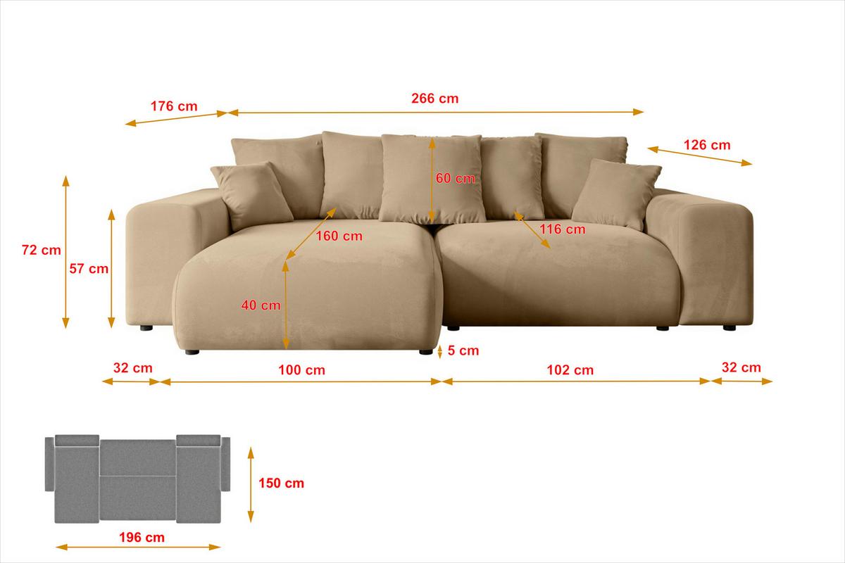 ECKSOFA Ottomane links ESKAR-L 266x176x72 Beige Velours - Beige/Schwarz, Holzwerkstoff/Kunststoff (266/176cm) - ALTDECOR