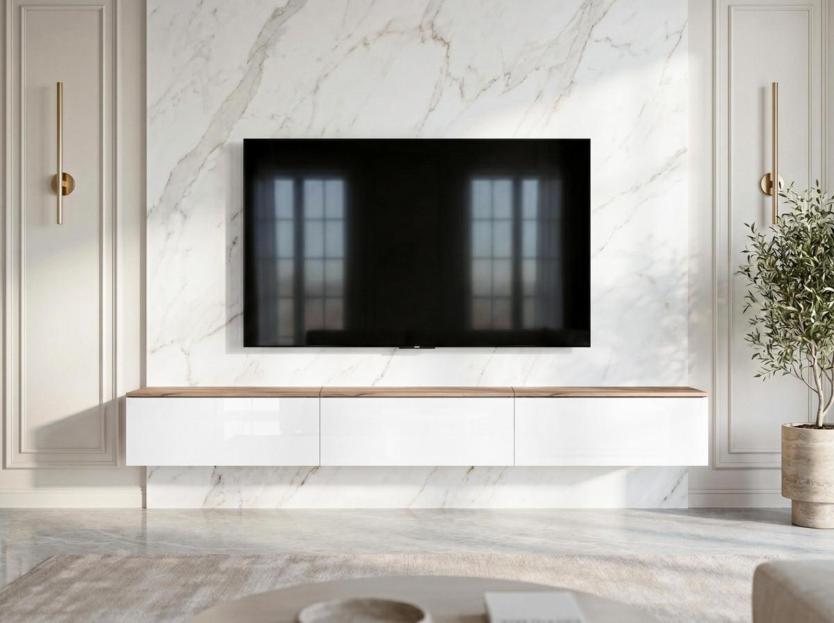 LOWBOARD Barvo 3x100 Eiche Wotan / Weiß Hochglanz 300/34/32 cm – hängendes TV-Board - Braun/Weiß, Holzwerkstoff (300/34/32cm) - AX Living