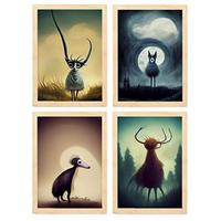 POSTER Set mit 4 Wald Tier im T Burton Goth Stil A3 Rahmen aus hellem Holz - Beige, Papier (29.7/3cm) - Nacnic