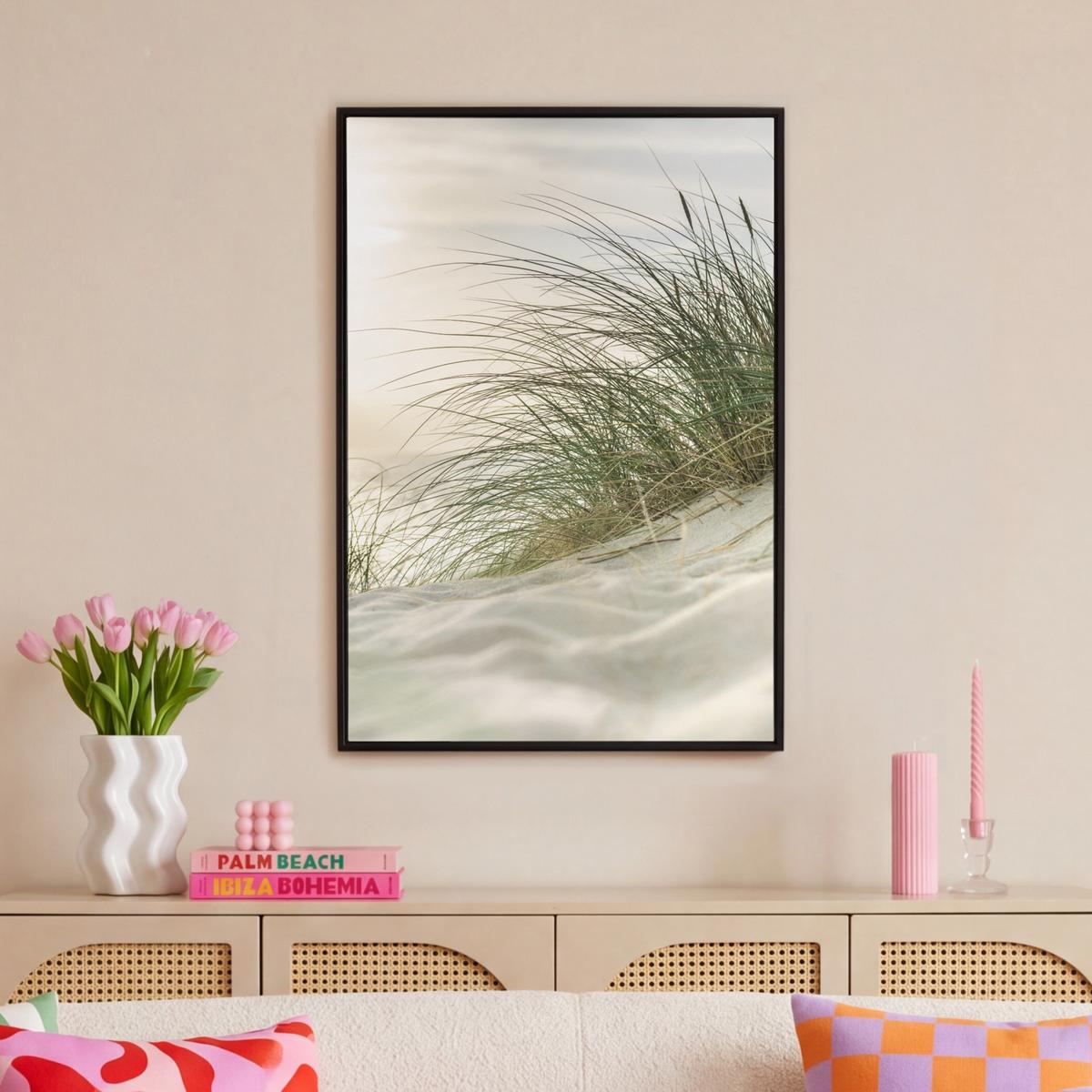 LEINWAND Bilder mit Rahmen - Dünen mit Strandhafer in der Sonne des Nationalparks Schleswig-Holsteinisches Wattenmeer - 60x90 - Creme, Textil (60/90cm) - MuchoWow