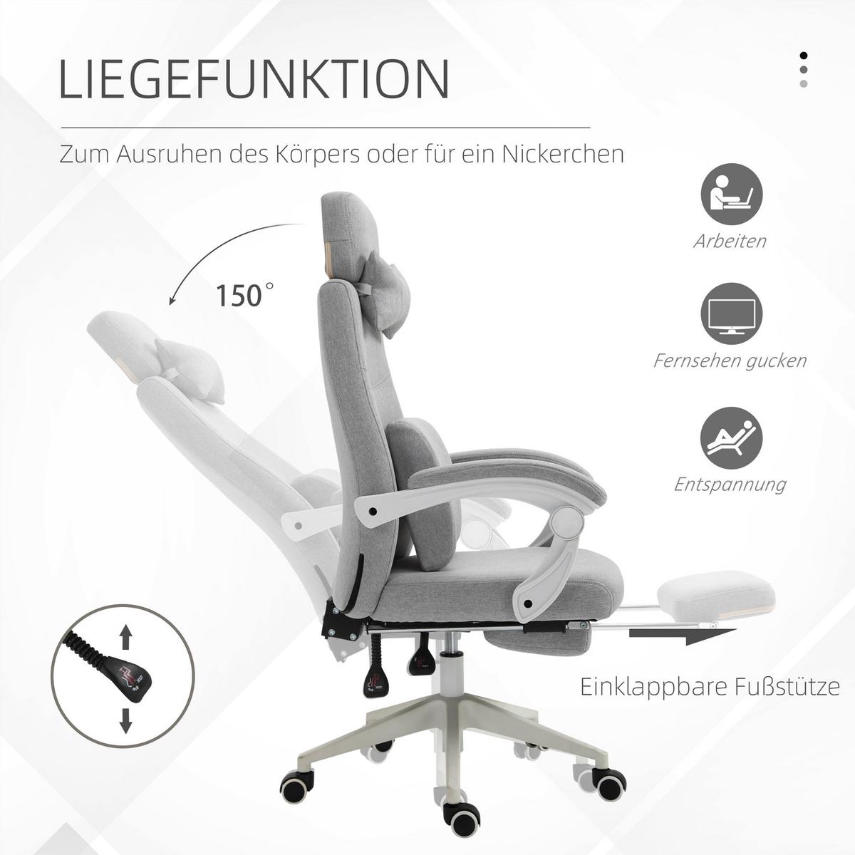 BÜROSTUHL Gamingstuhl Ergonomisches Design Polyester Schaumstoff Kunststoff - Grau, Kunststoff (68/117/62cm) - Vinsetto