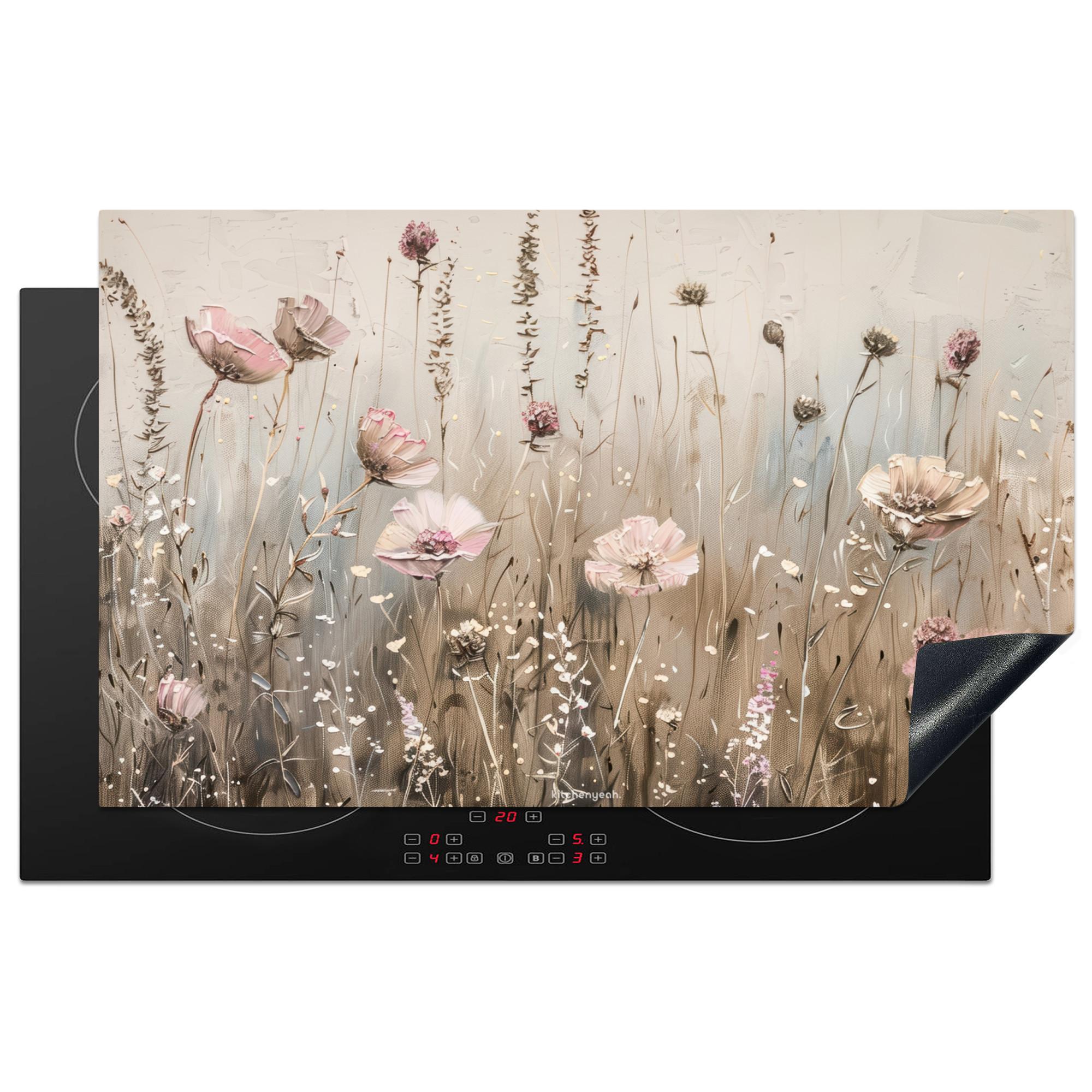 HERDABDECKPLATTE Blumen - Beige - Trockenblumen Induktionsmatte 83x51 cm - Beige, Kunststoff (83/51.5/0.2cm) - MuchoWow