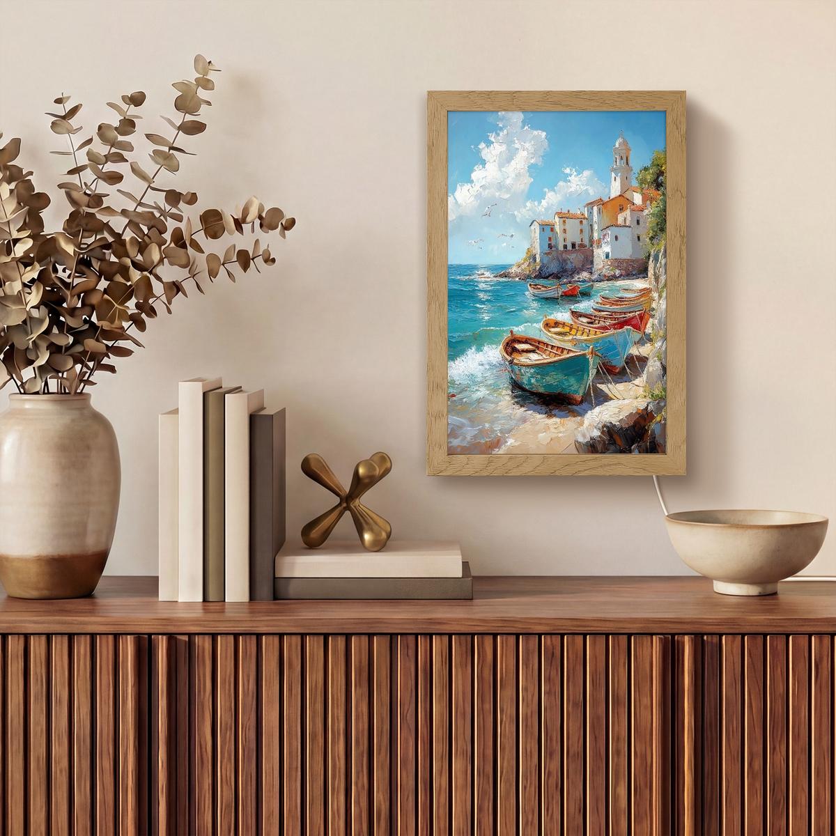 WANDLEUCHTE Boote - Felsen - Meer - Sonne 20x30 cm - Blau, Holzwerkstoff (20/30/8cm) - OnlyWow