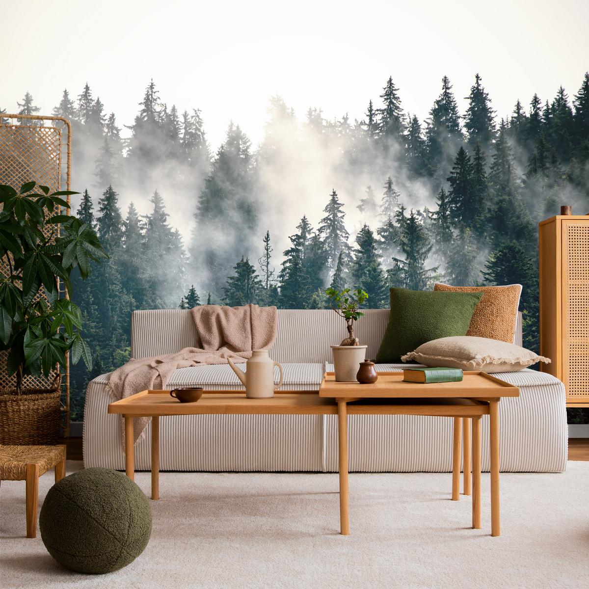 FOTOTAPETE für Wohnzimmer Nebeliger Nadelwald Berg Mystik Bäume 200x140 - Weiß/Grün, Papier (200/140cm) - Muralo