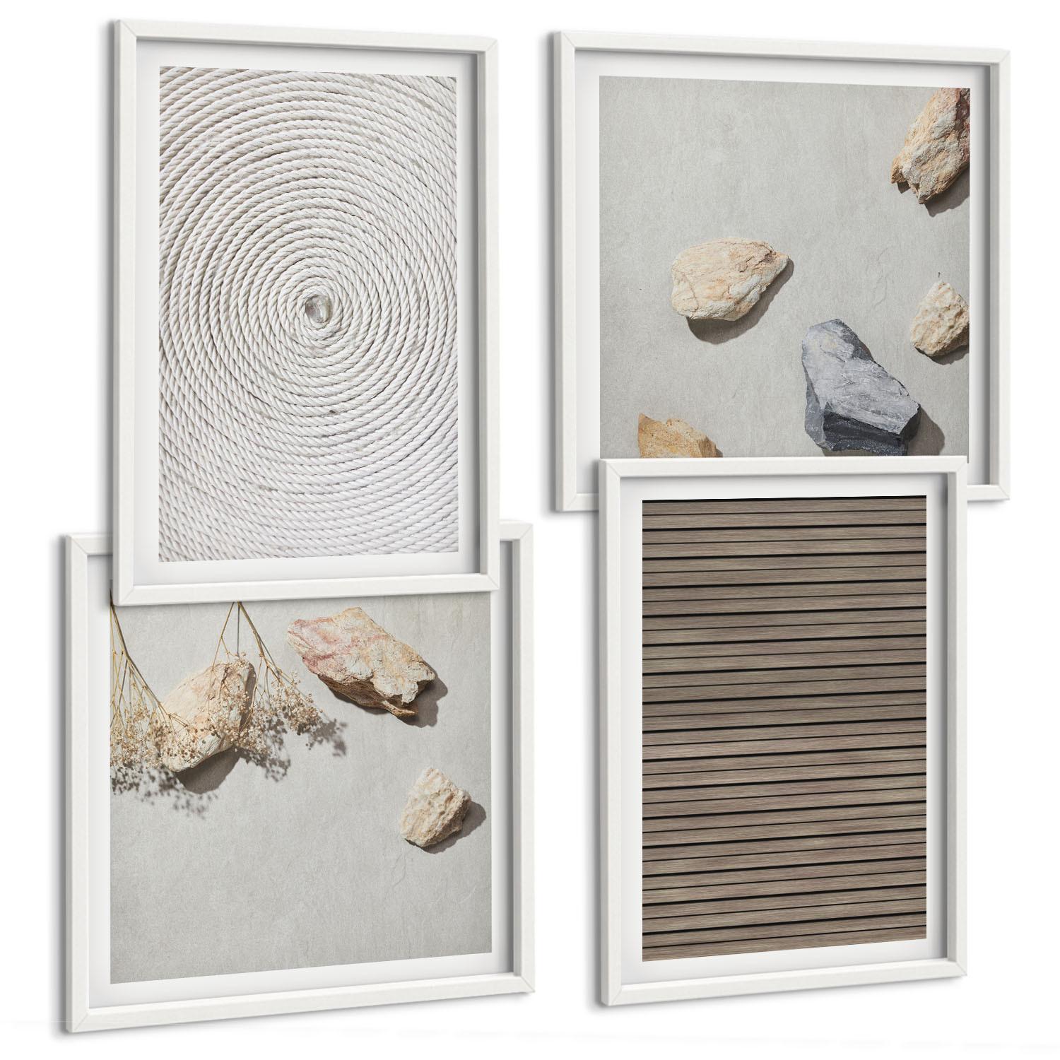 BILDER SET 4er Set - 50x50 cm & 40x60 cm Weißer Rahmen - Natürliche Texturen Holz Steine - Weiß, Kunststoff (50/50cm) - TULUP