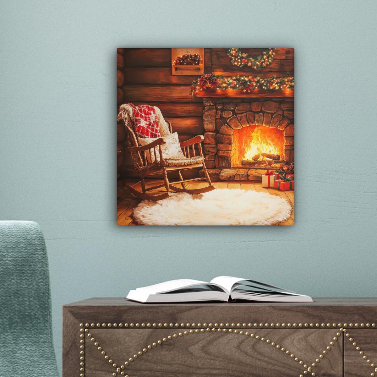 LEINWANDBILD Winter - Weihnachten - Zuhause - Kamin Deko Wohnzimmer 20x20 cm - Bernsteinfarben, Textil (20/20cm) - MuchoWow