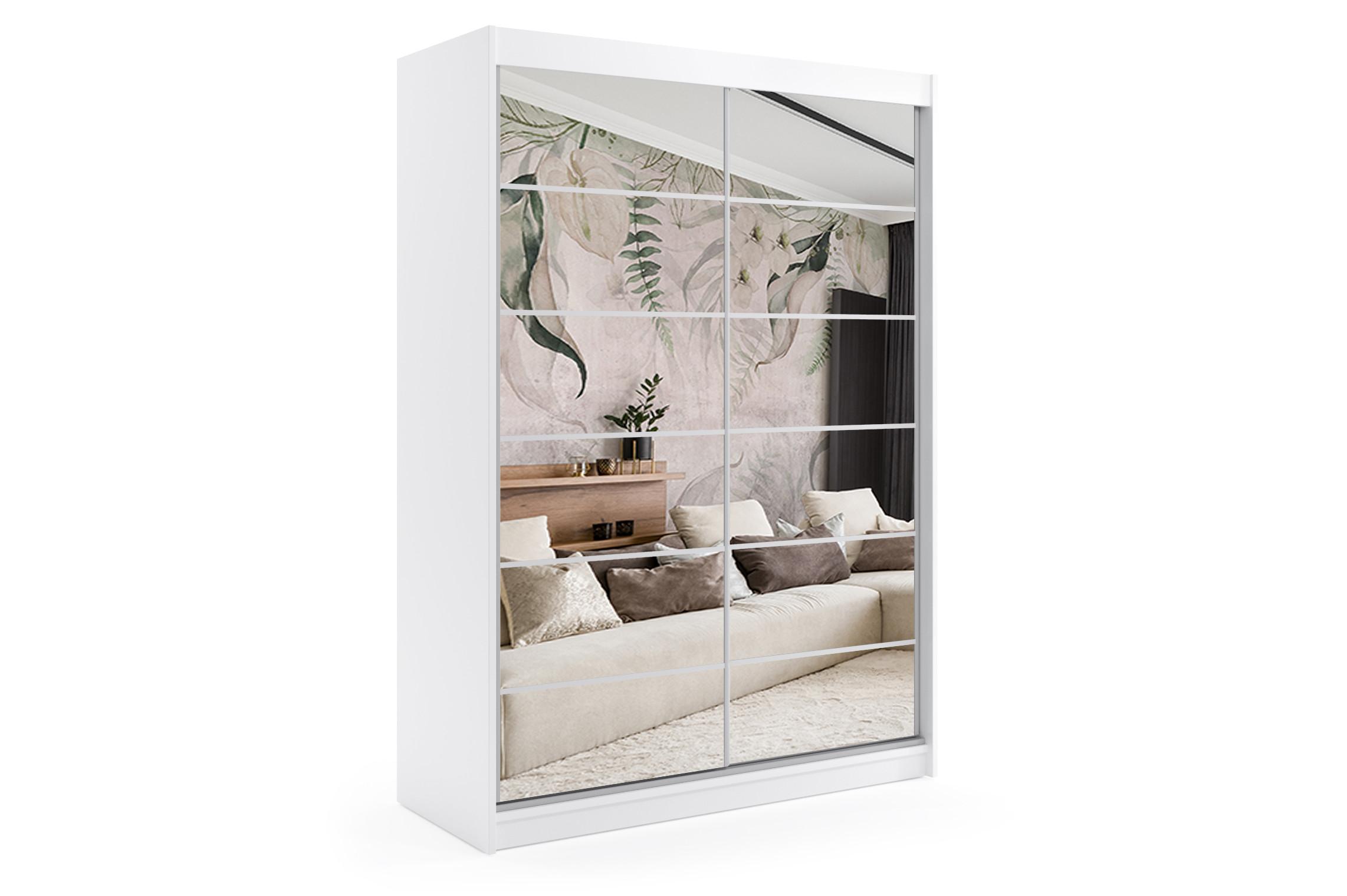 KLEIDERSCHRANK mit Spiegel-Schiebetüren und Aluminium-Leisten - FLORA - 150 cm Weiß - Weiß, Holzwerkstoff (150/216/61cm) - ALTDECOR