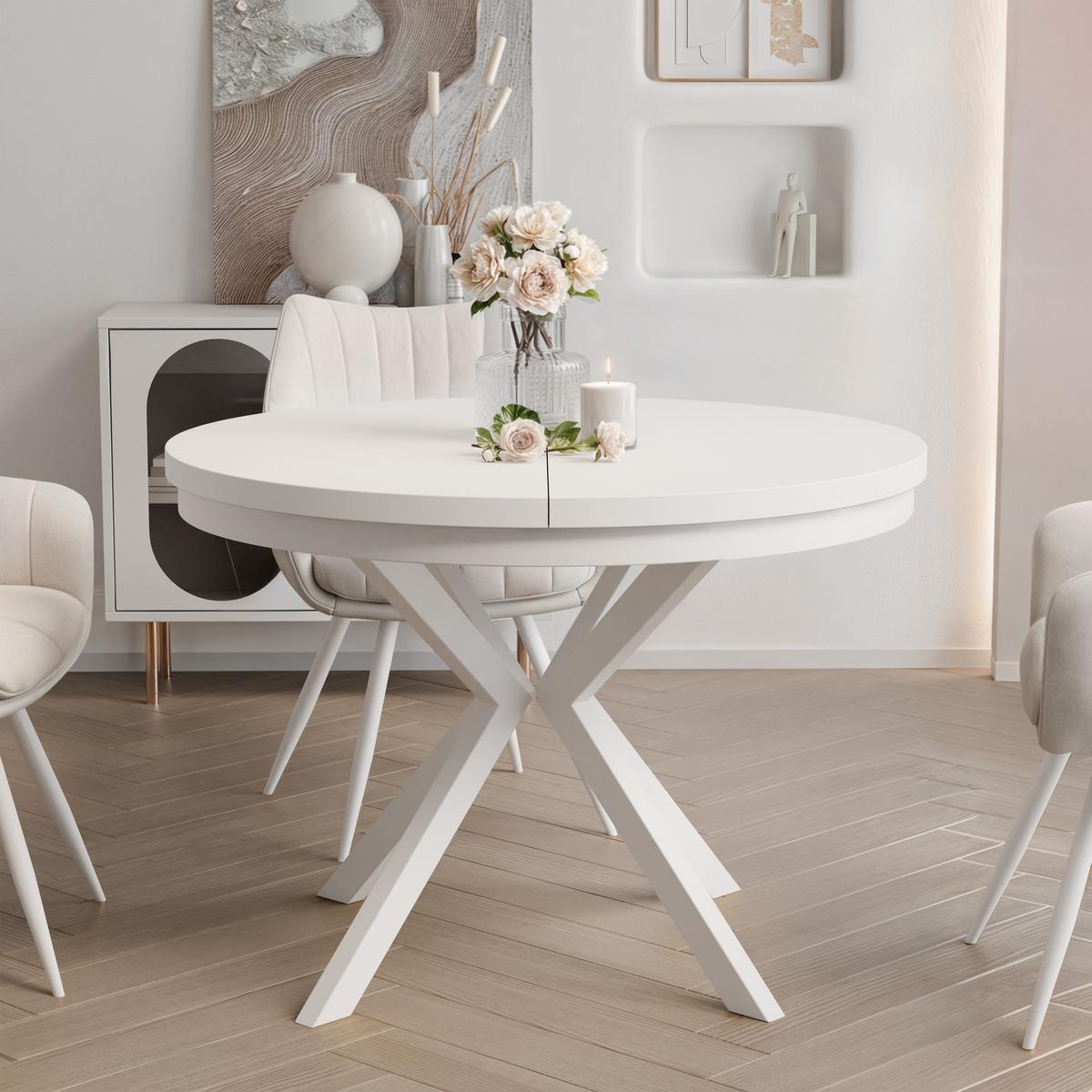 AUSZIEHTISCH MILTON 90-166/76 cm mit Metallgestell und Zarge, Weiß / Arktisweiß - Weiß, Holzwerkstoff/Metall (90/90/76cm) - Idohome